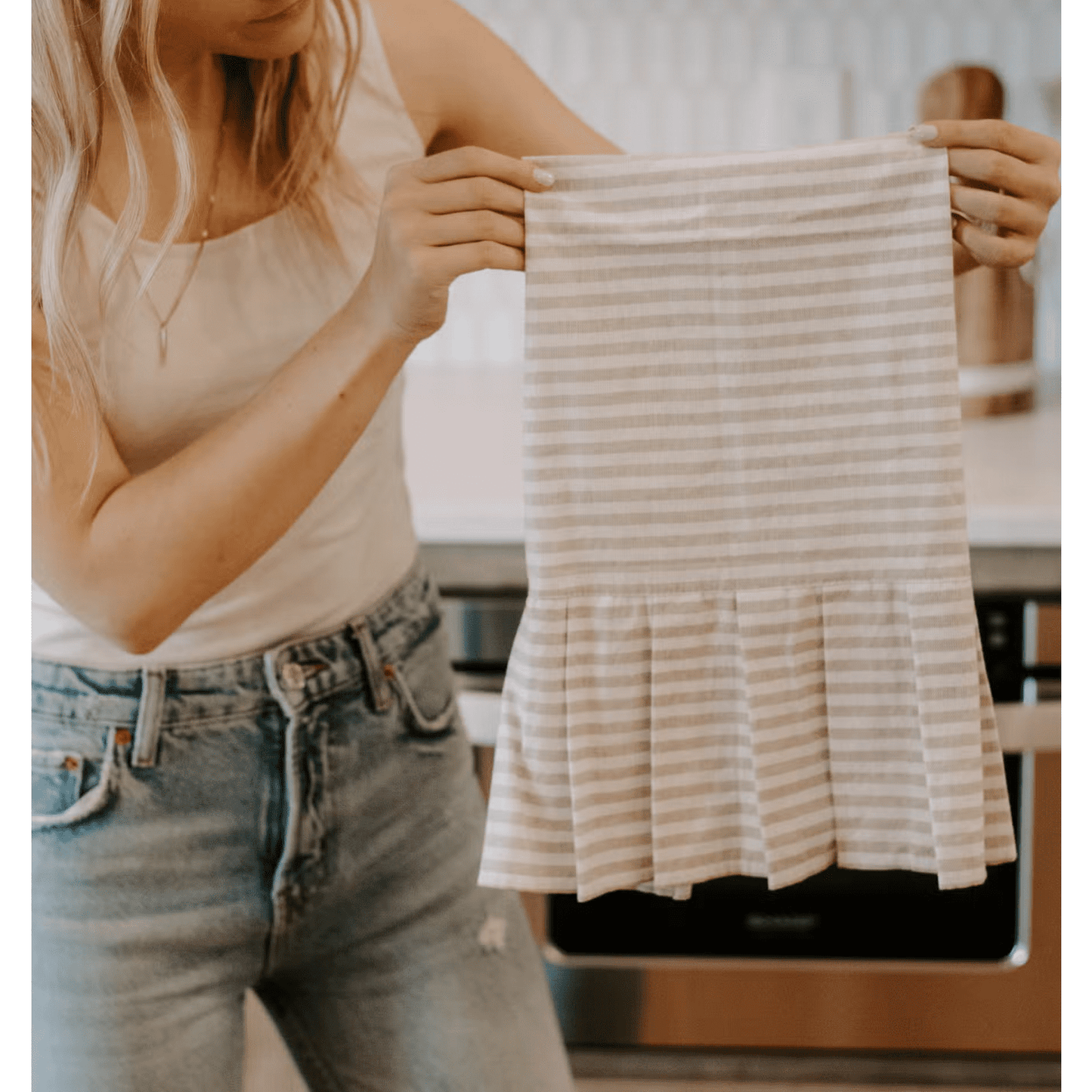 Striped Tea Towel with Ruffle - Tan & Cream