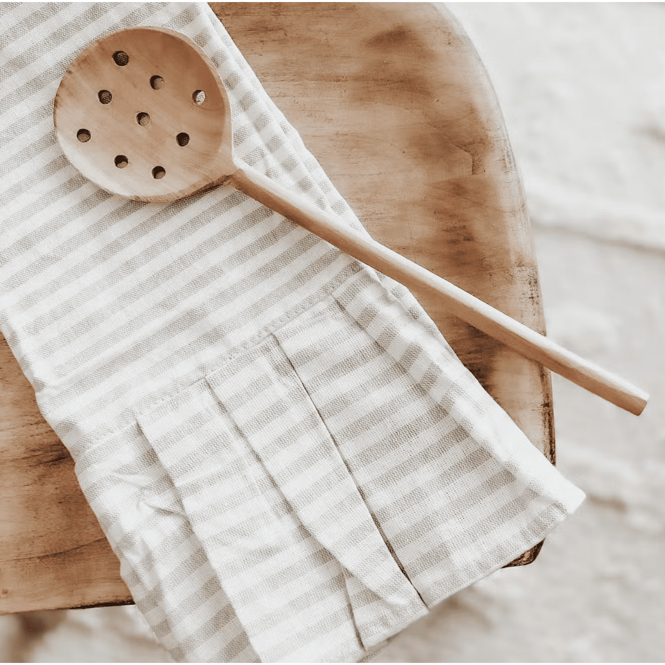 Striped Tea Towel with Ruffle - Tan & Cream