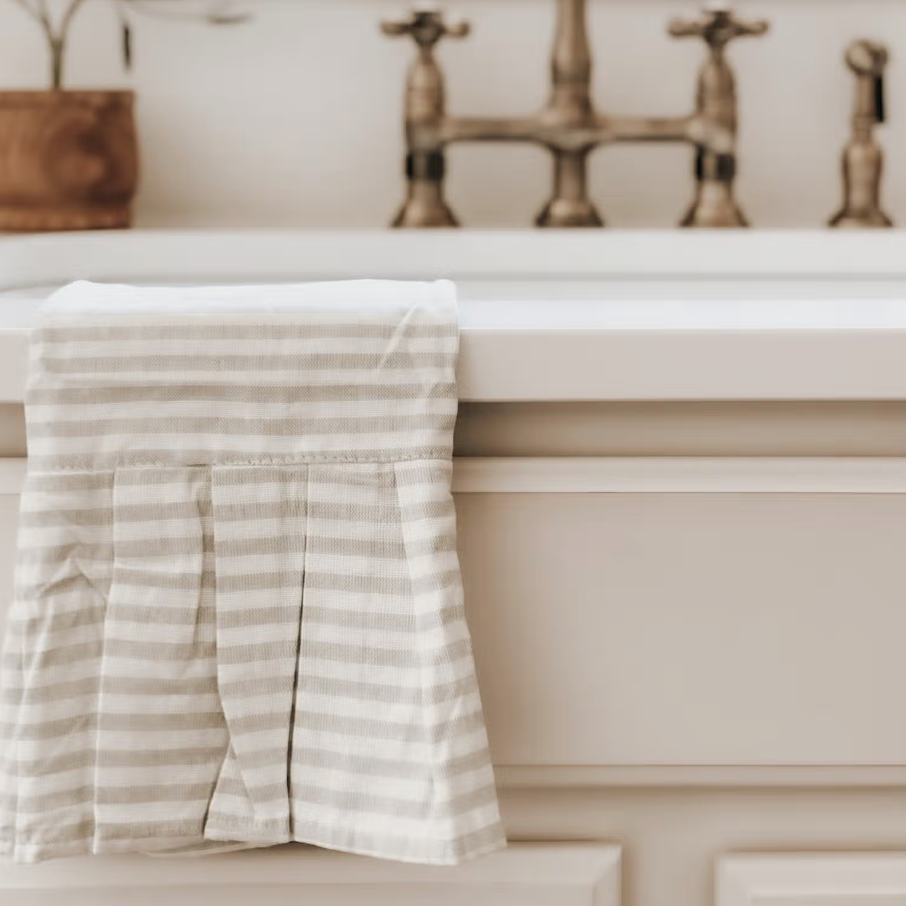 Striped Tea Towel with Ruffle - Tan & Cream