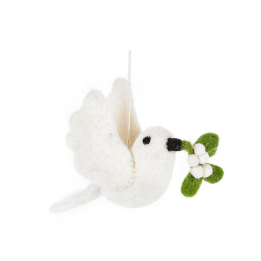 Handmade - Felted Mistletoe Dove Hanging Christmas Decoration