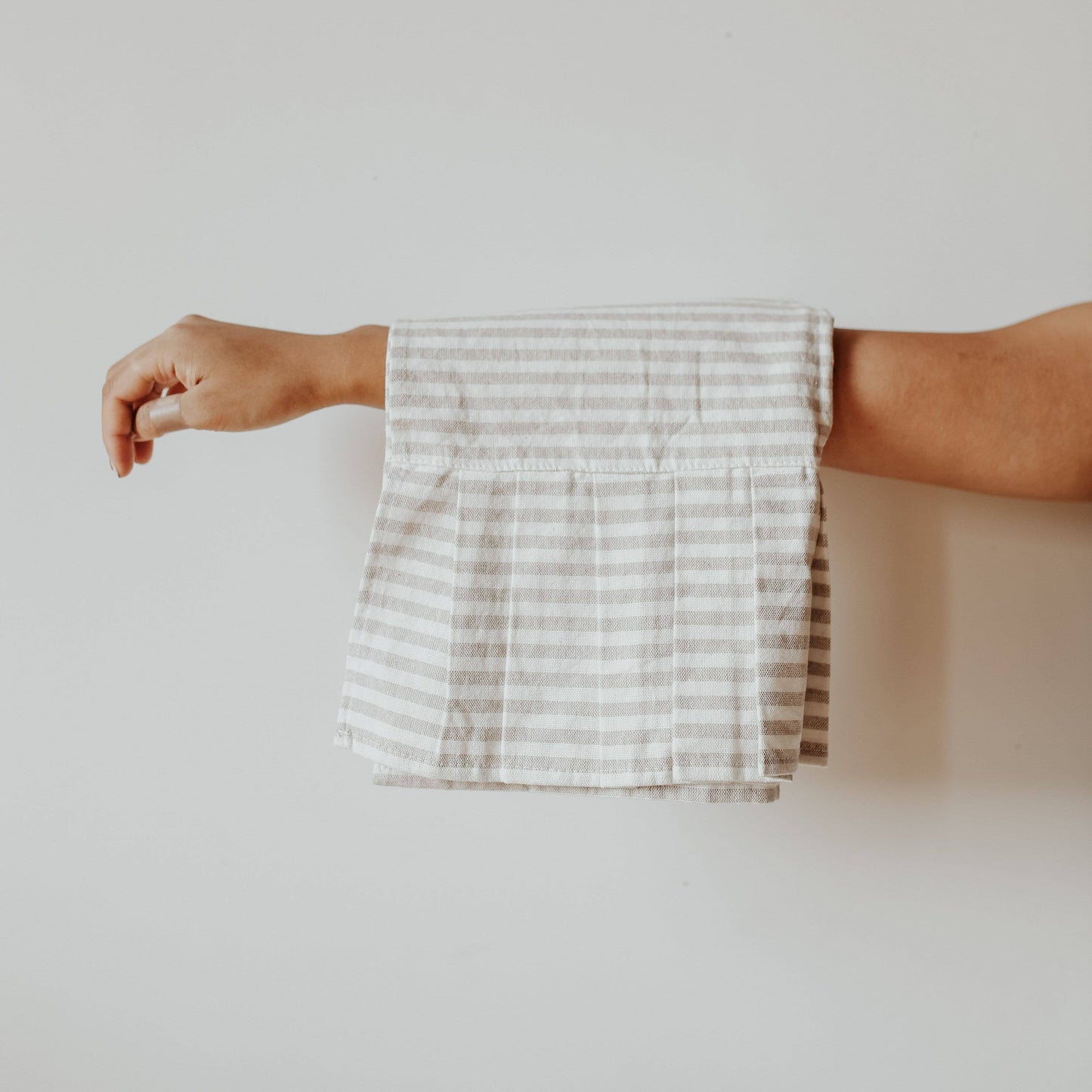 Striped Tea Towel with Ruffle - Tan & Cream